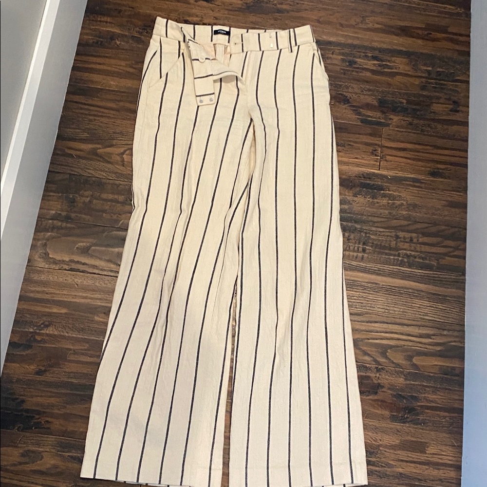Express Cream Wide-Leg Trousers with Black Vertical Stripes